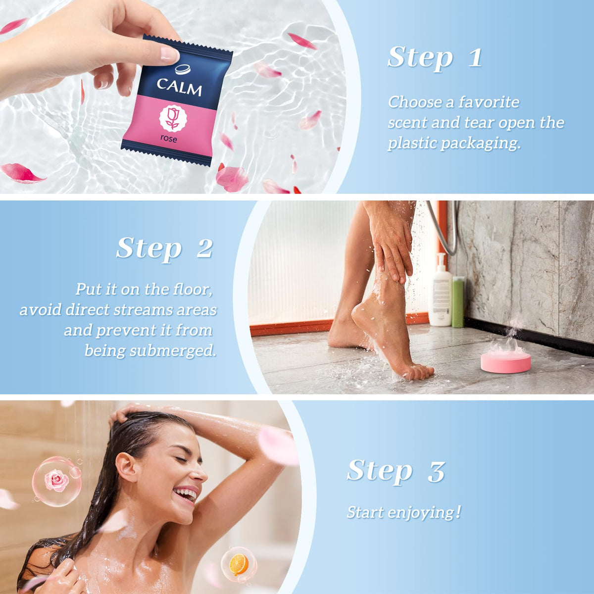 Residue free natural formulation shower tablet being placed in a soap dish to activate wellness aromatherapy.