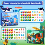 Individually wrapped colorful children bath fizzers displayed with hidden surprise resin animal toys.