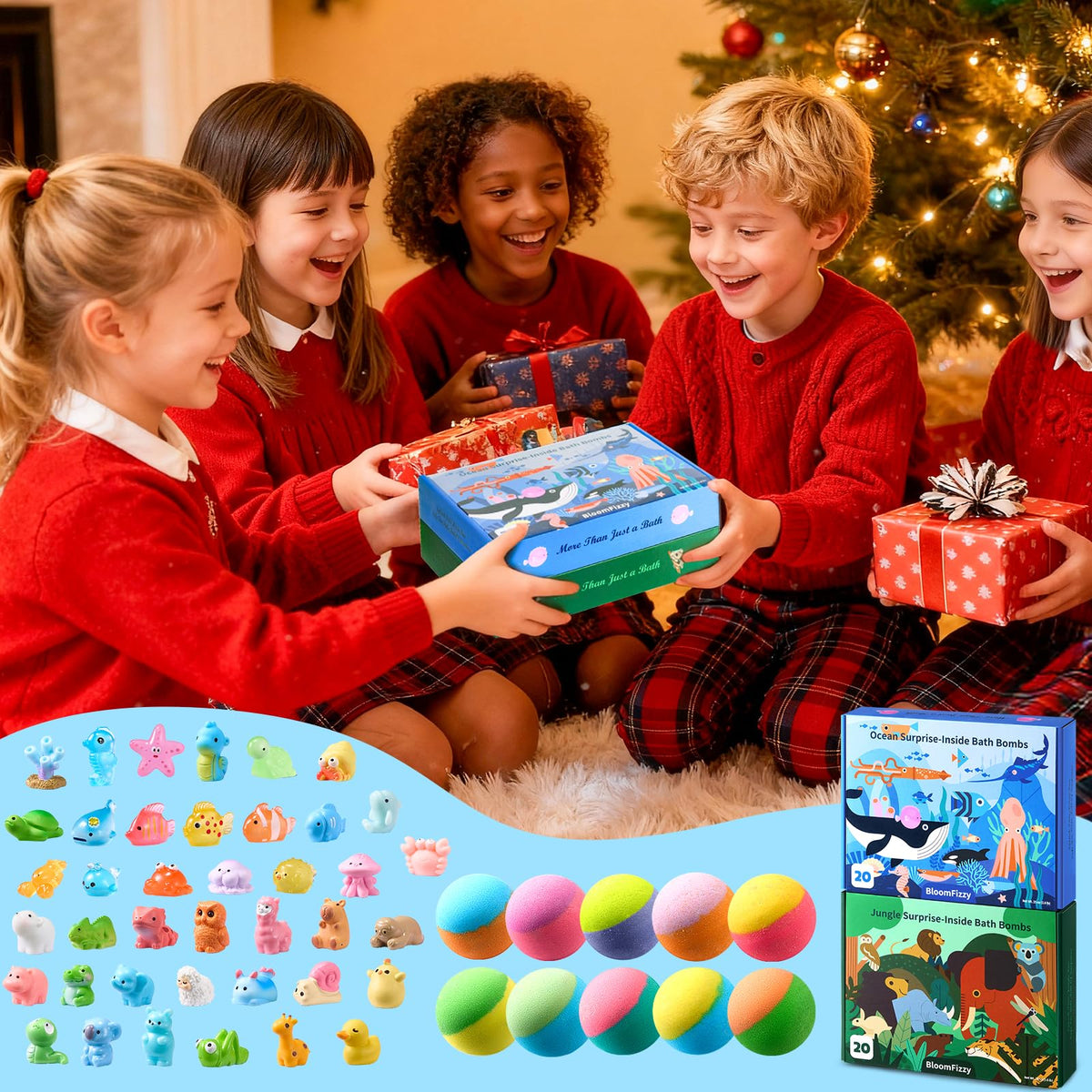 Travel friendly packaging of the children premium imported multi pack bath bomb gift set.