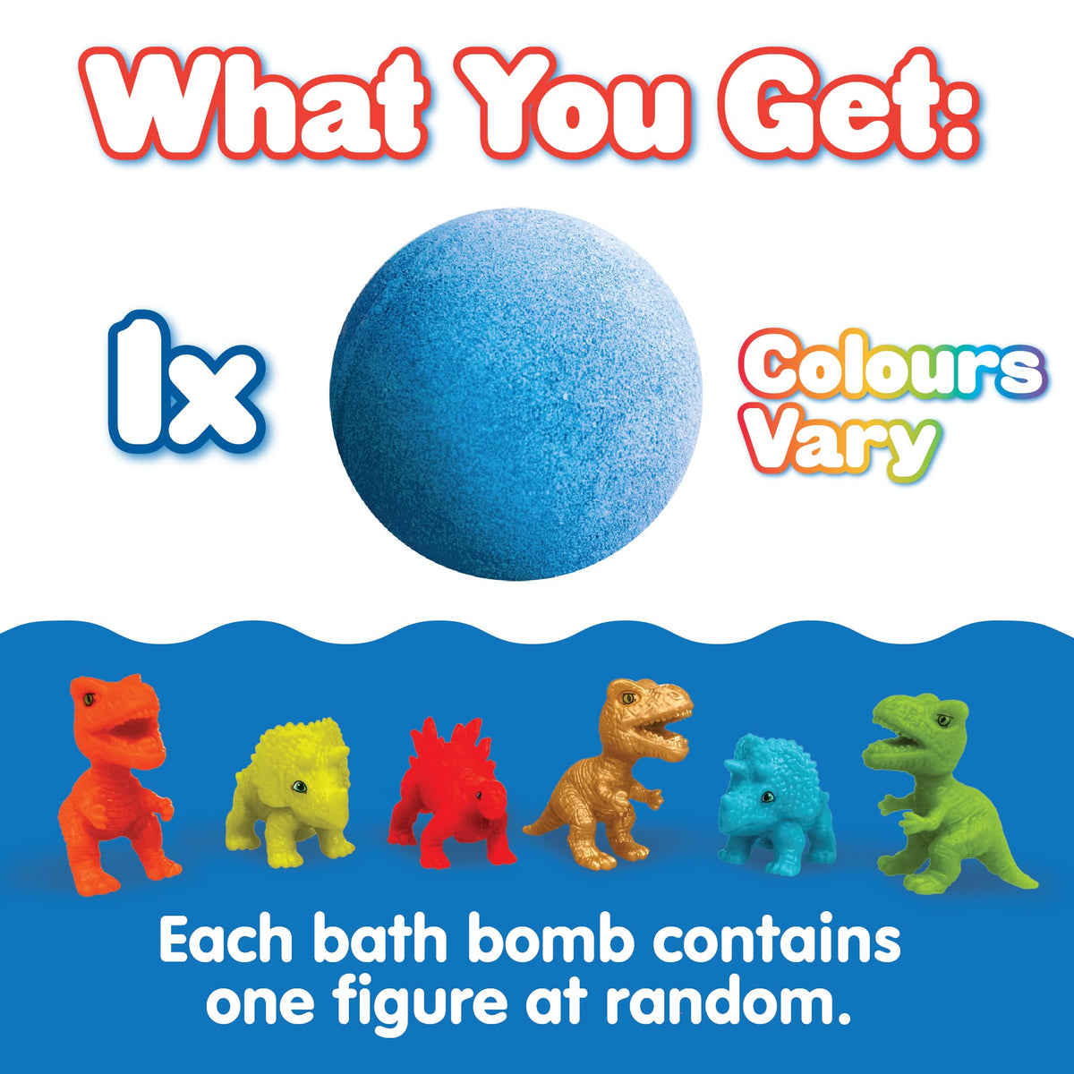 Six collectible surprise dinosaur toys that can be found inside the Zimpli bath bomb