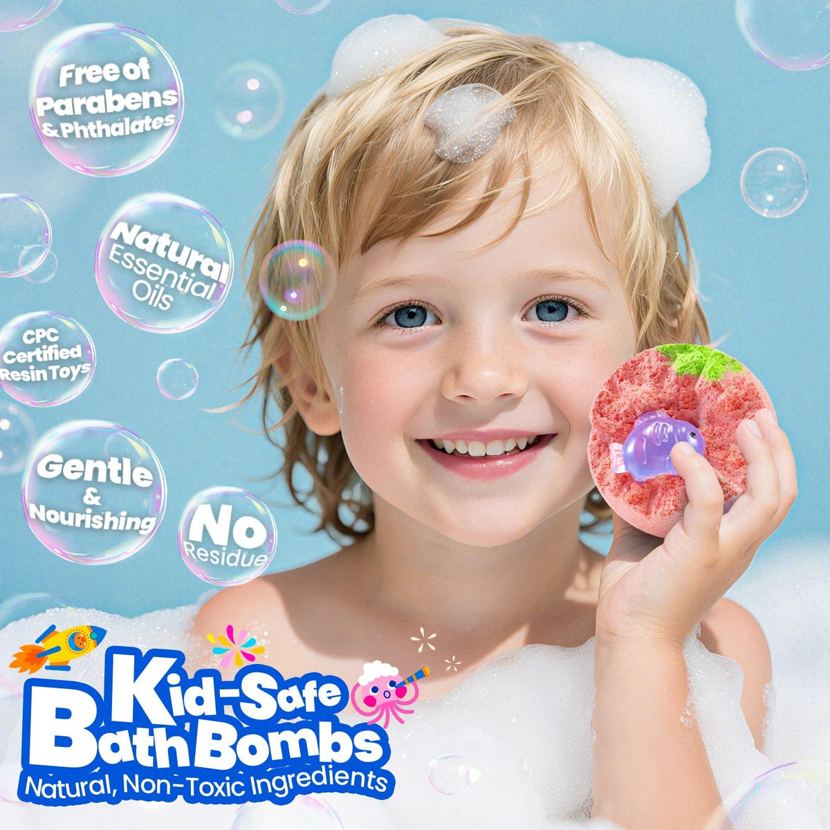 Bubbletail non-toxic children bath treats dissolving in warm water releasing long-lasting bubbles and fruit scents