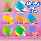 Bubbletail thirty-two pack gift boxes open to display individually wrapped colorful bath balls for party favors