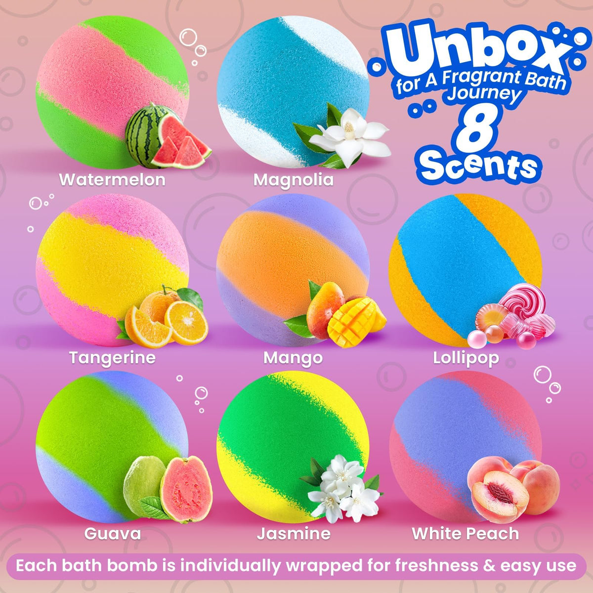 Bubbletail thirty-two pack gift boxes open to display individually wrapped colorful bath balls for party favors