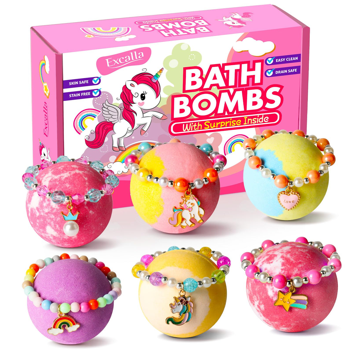 Six individually wrapped fruity scented bath fizzies displayed together.