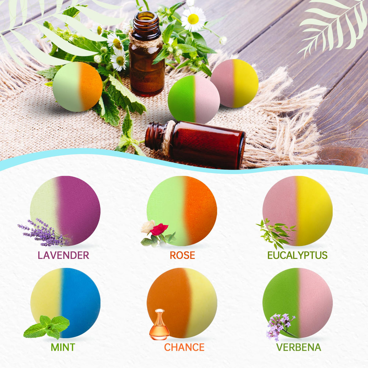 Handmade fizzing bath spheres displaying vibrant colors and botanical textures
