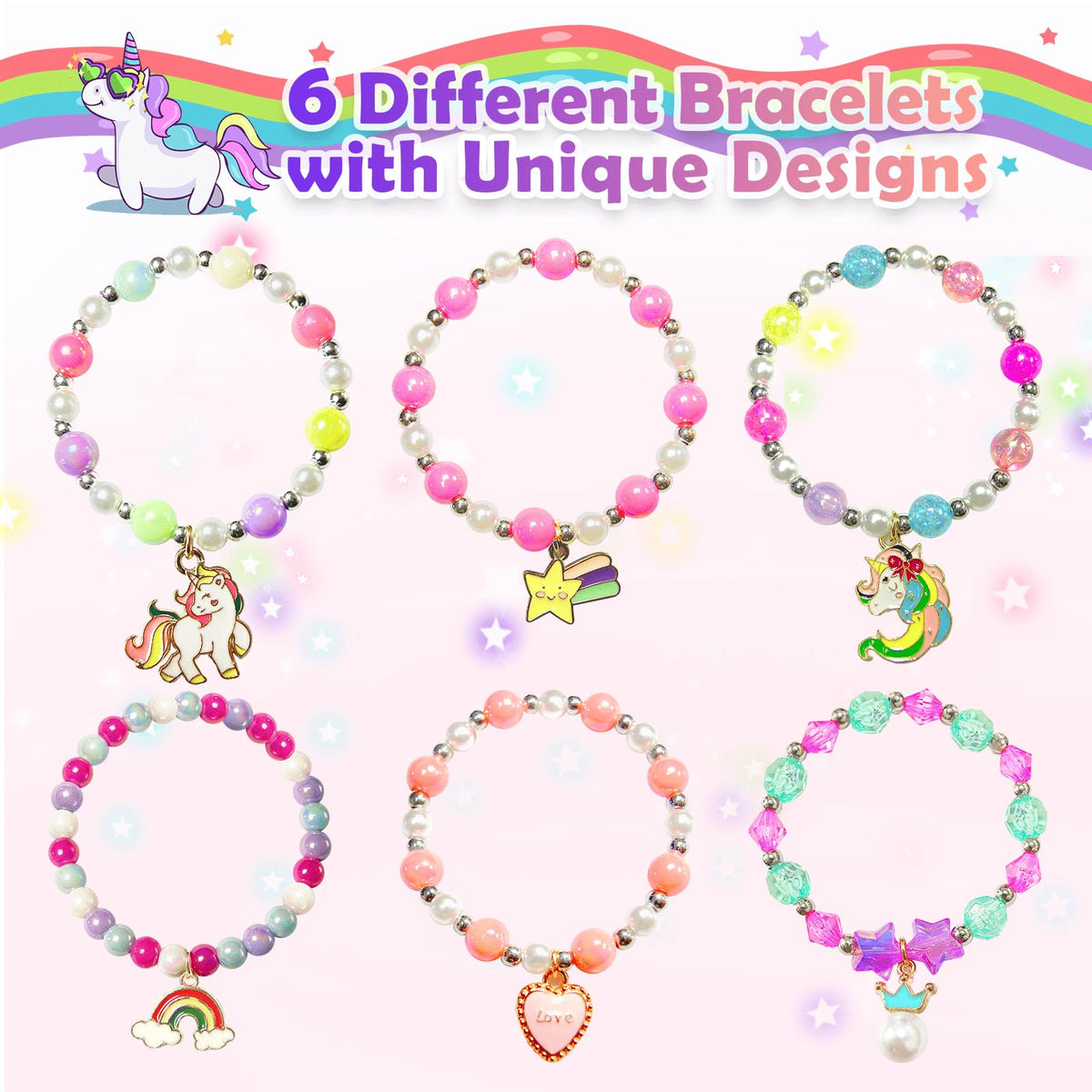 Unicorn charm bracelets floating in water after bath bomb dissolves.