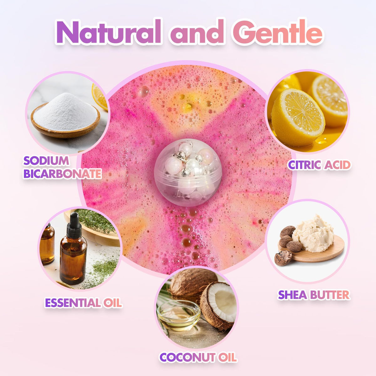 Kid safe natural bubble bath setting with colorful fizzing water.