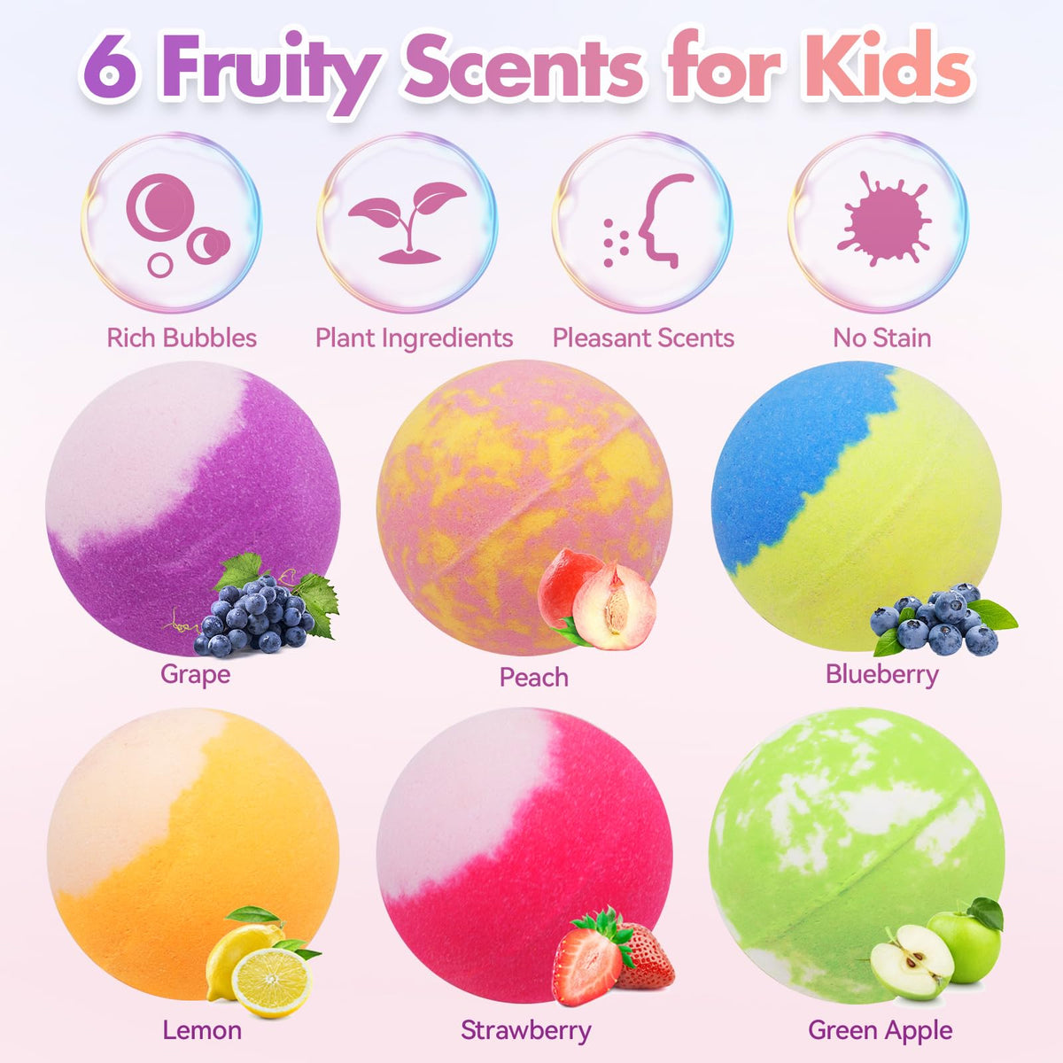 Six different fruit fragrances listed on individual product labels.