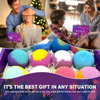 Twelve individually wrapped natural bath bombs with visible fragrance labels arranged neatly inside the gift box