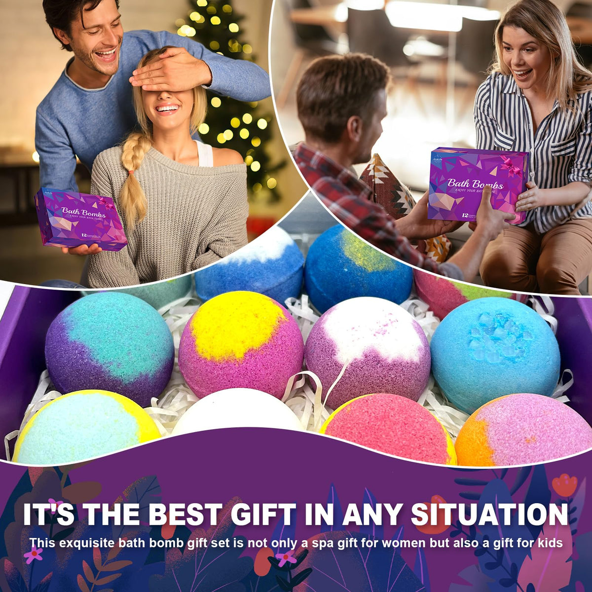 Twelve individually wrapped natural bath bombs with visible fragrance labels arranged neatly inside the gift box
