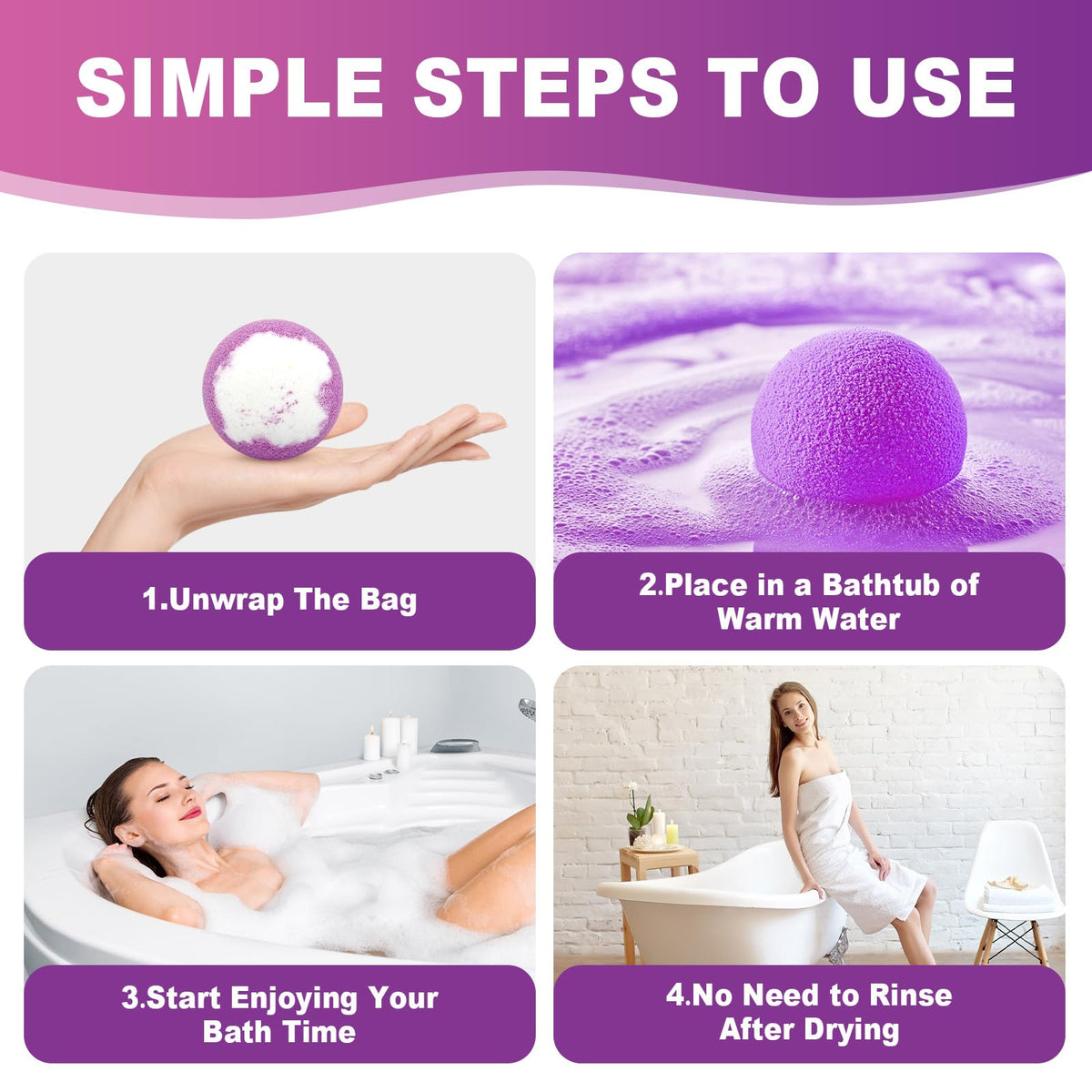 Water dissolving a colorful soluble bath bomb cleanly inside a bathtub showing no stain residue