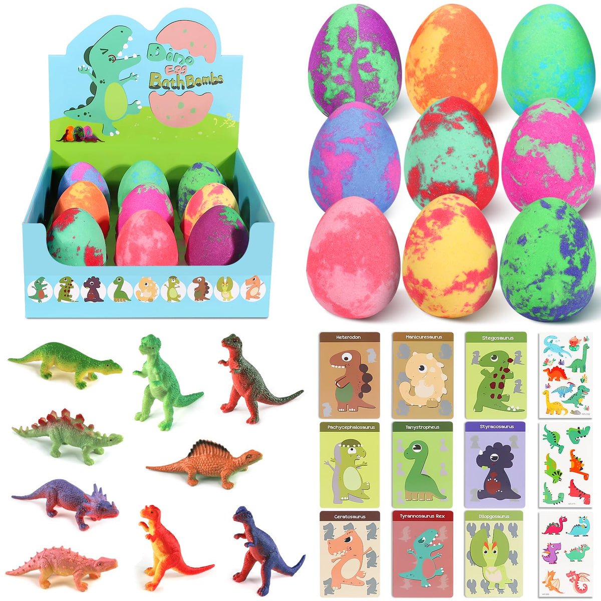 Premium 9 count dinosaur toy bath bomb box open presentation view