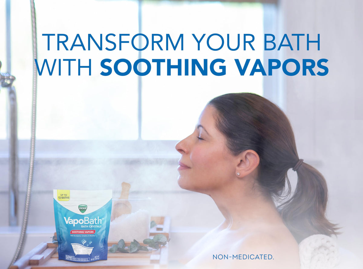 Vicks VapoBath packaging showing instructions for up to twelve comforting adult baths