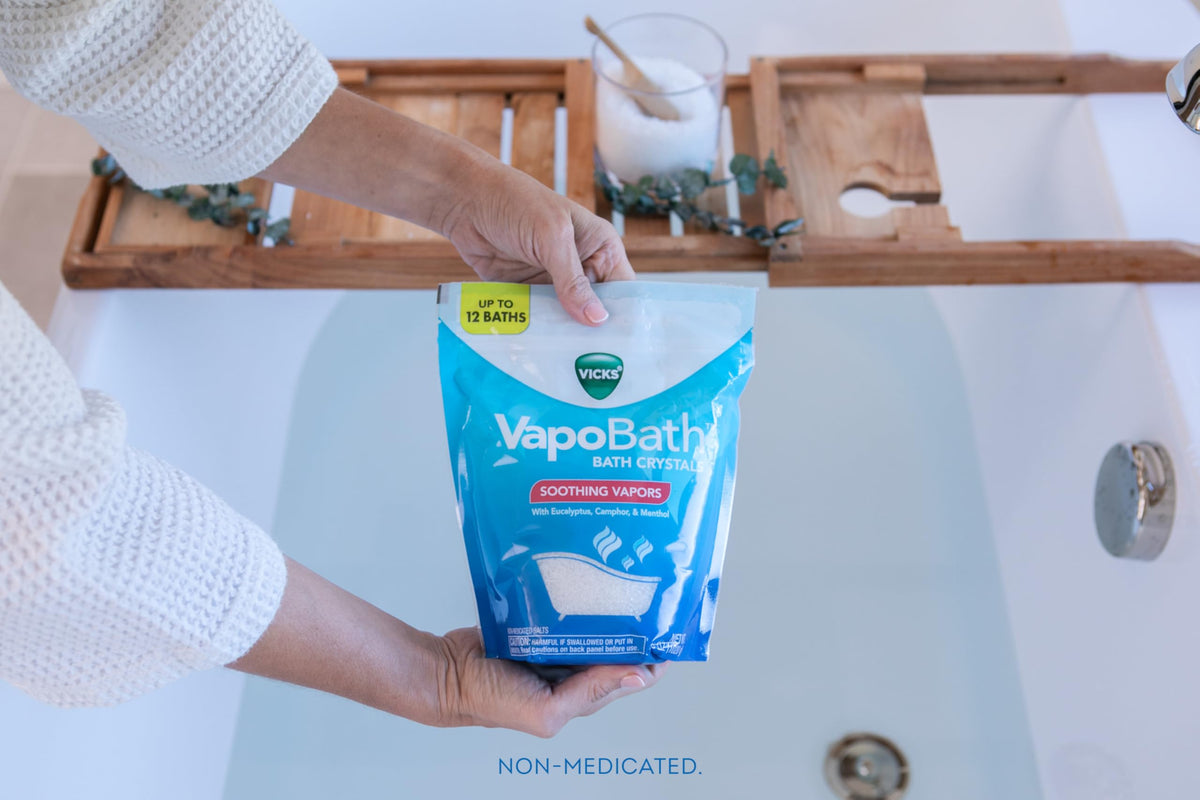 Close up of imported USA Vicks VapoBath soothing vapor crystals label details