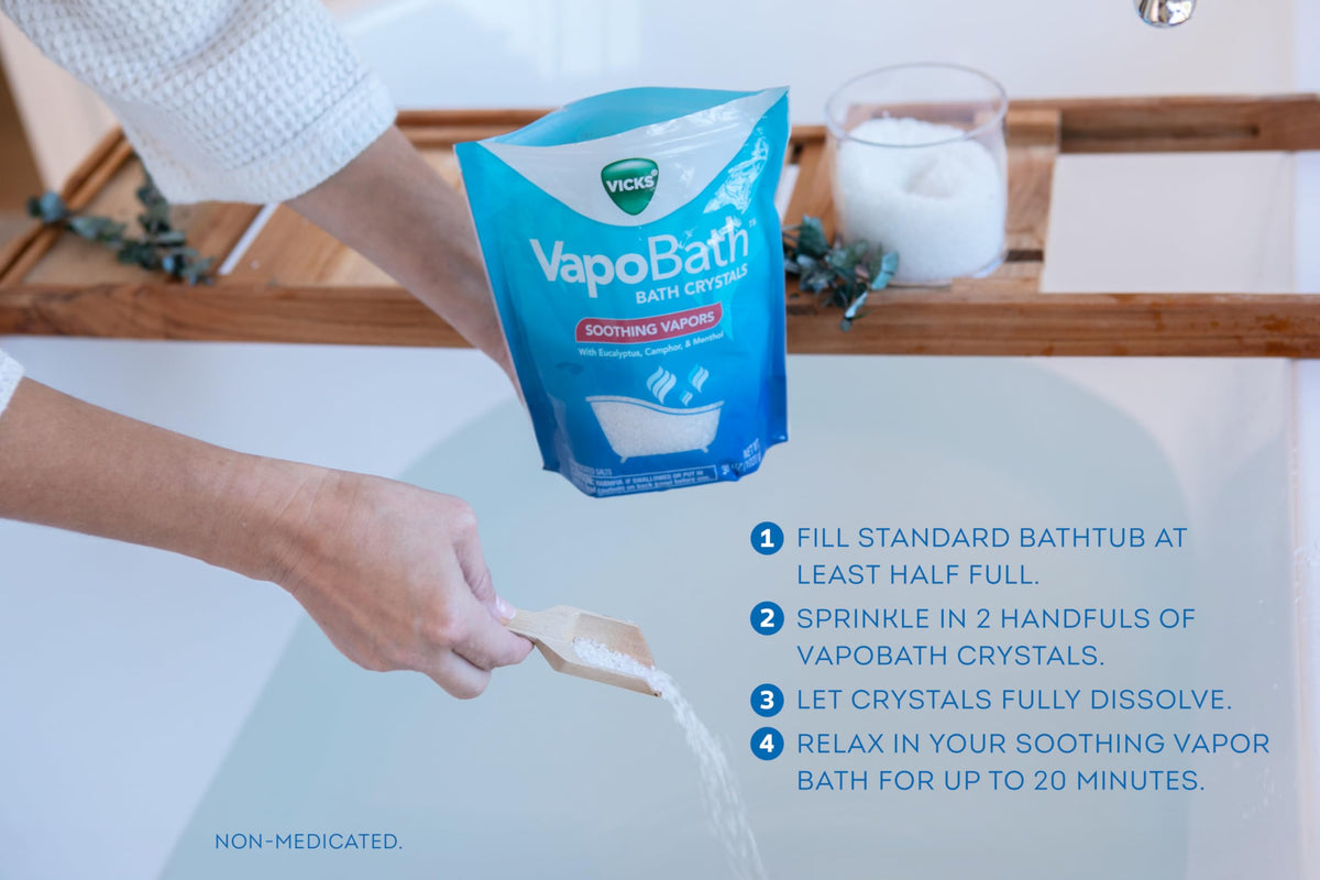 Vicks VapoBath thirty six ounce resealable pouch standing upright on clean surface