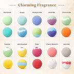Individually wrapped multi-colored handmade bubble bath fizzies arranged neatly inside the box