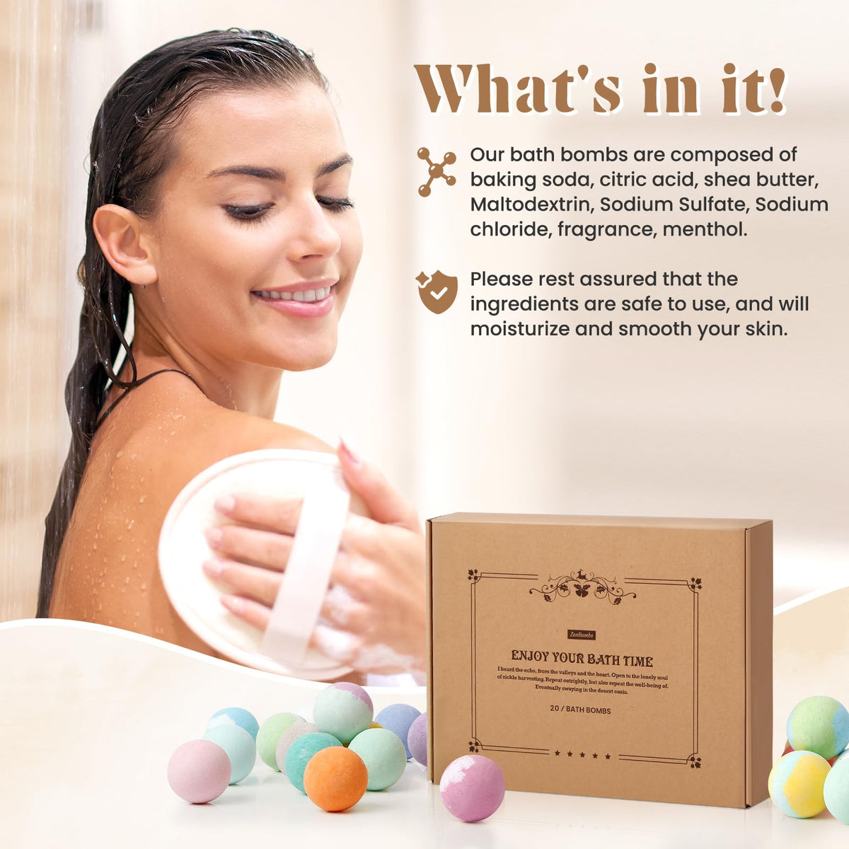 Luxury lifestyle presentation of the ZenBombs set next to a relaxing bathtub setup