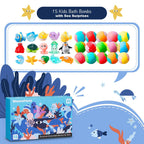 Fifteen pack kid safe bath bombs arranged neatly with ocean toy surprises displayed nearby.
