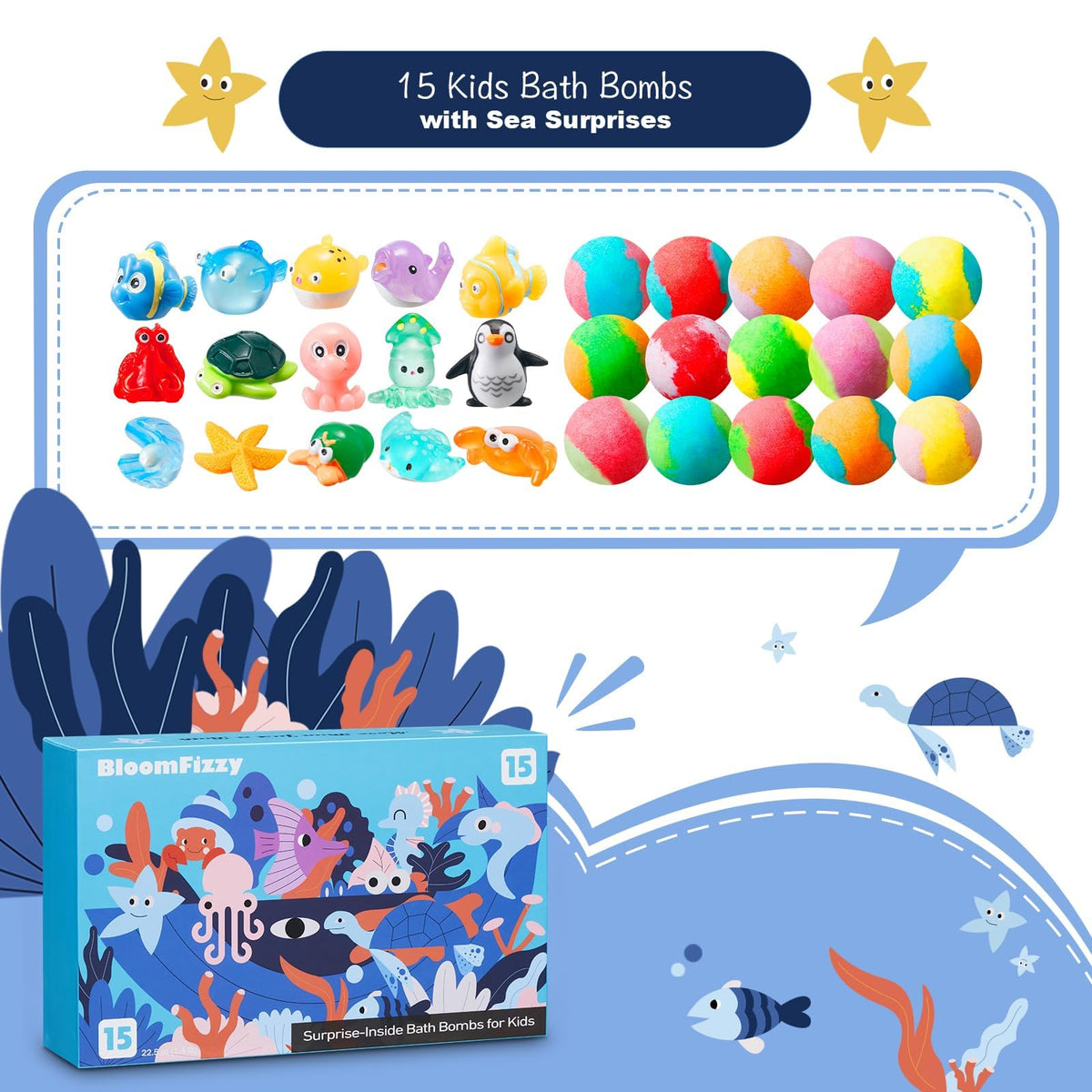 Fifteen pack kid safe bath bombs arranged neatly with ocean toy surprises displayed nearby.
