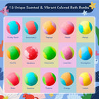 Vibrant mixed color kids bath bomb dissolving in warm water creating a swirling rainbow effect.