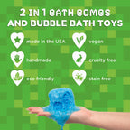 Two Sisters Minecraft inspired gaming bath bomb showcasing the safe non staining formula.
