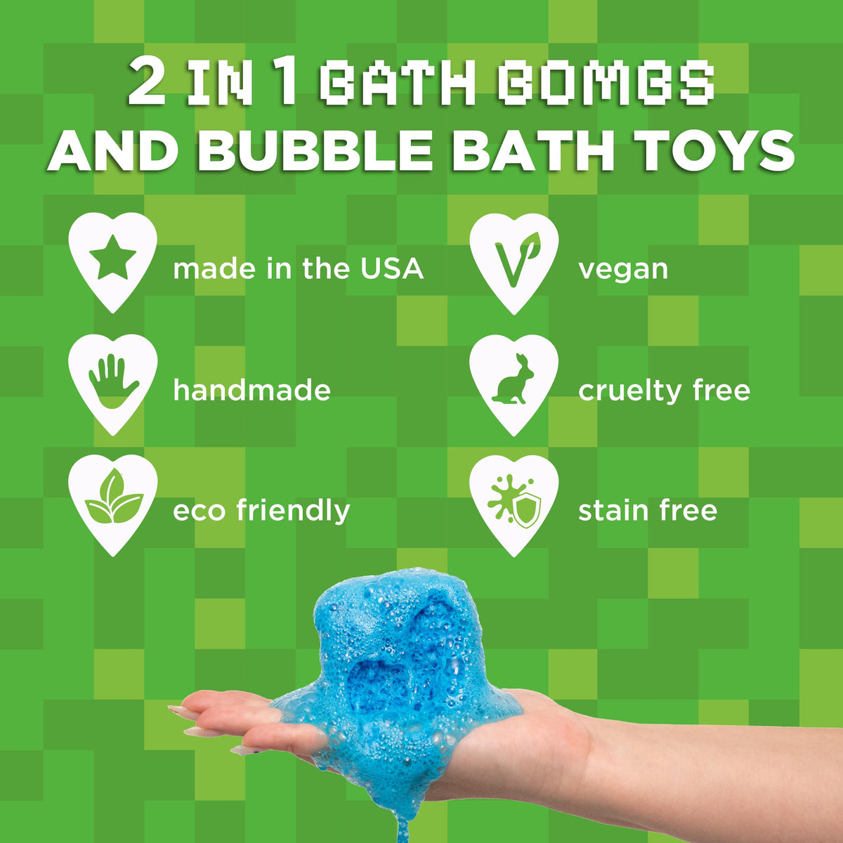 Two Sisters Minecraft inspired gaming bath bomb showcasing the safe non staining formula.