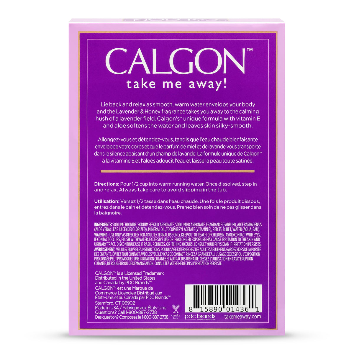 Calgon lavender and honey bath crystals bottle showing nutritional and ingredient details