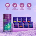 An aromatherapy tablet dissolving on a modern shower floor creating soothing herbal steam.