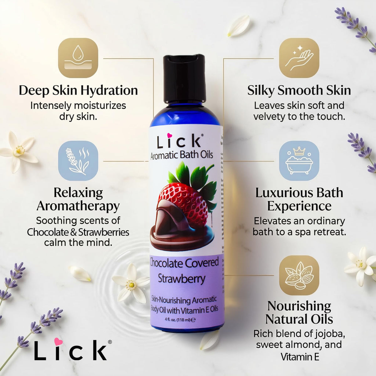 Lick sweet almond and vitamin e infused body oil bottle details