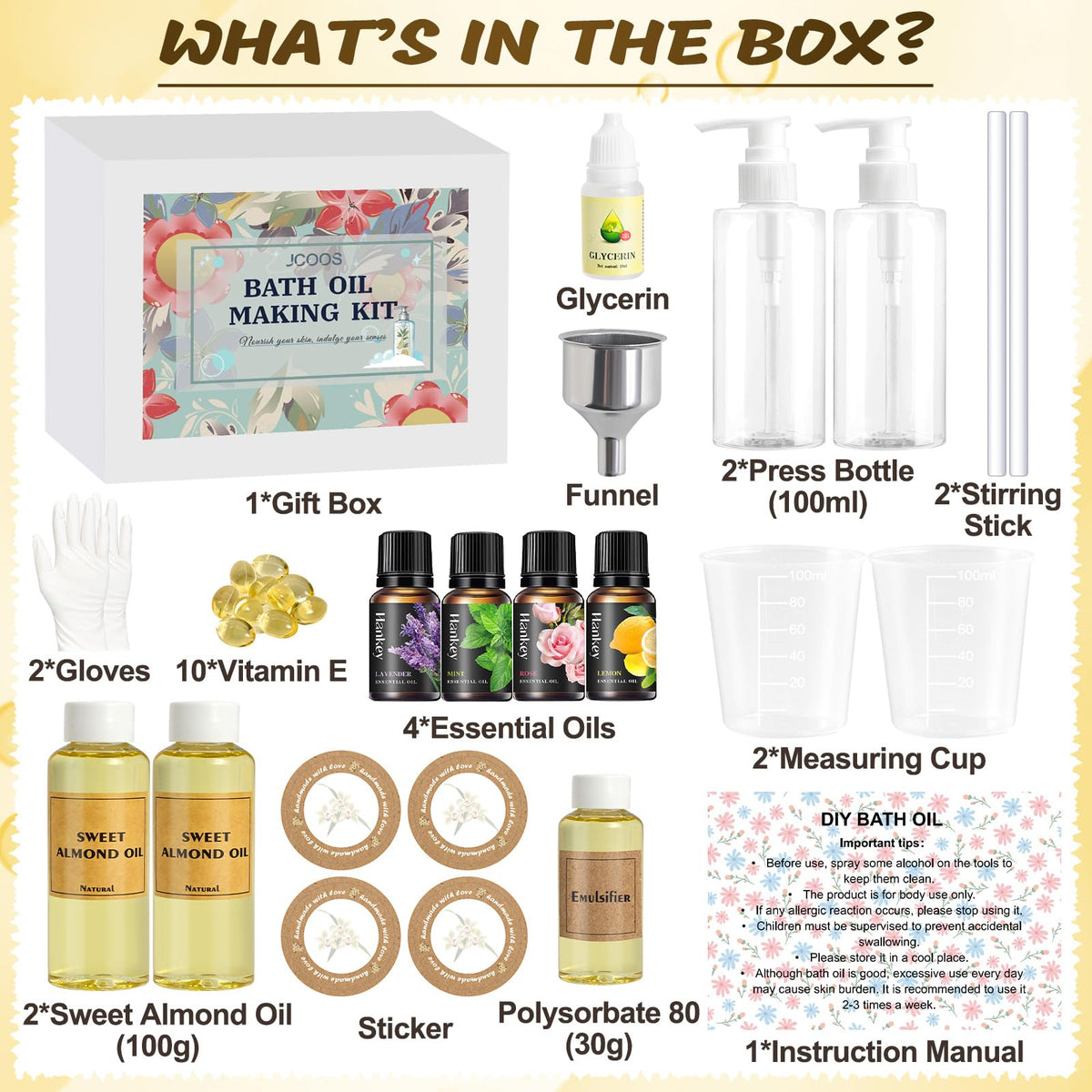 Sweet almond oil bottles and essential oil vials included in the Jcoos body wash crafting set