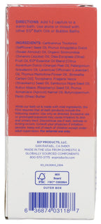 EO aromatherapy bath oil bottle highlighting the balancing rose geranium and sweet orange scent ingredients.