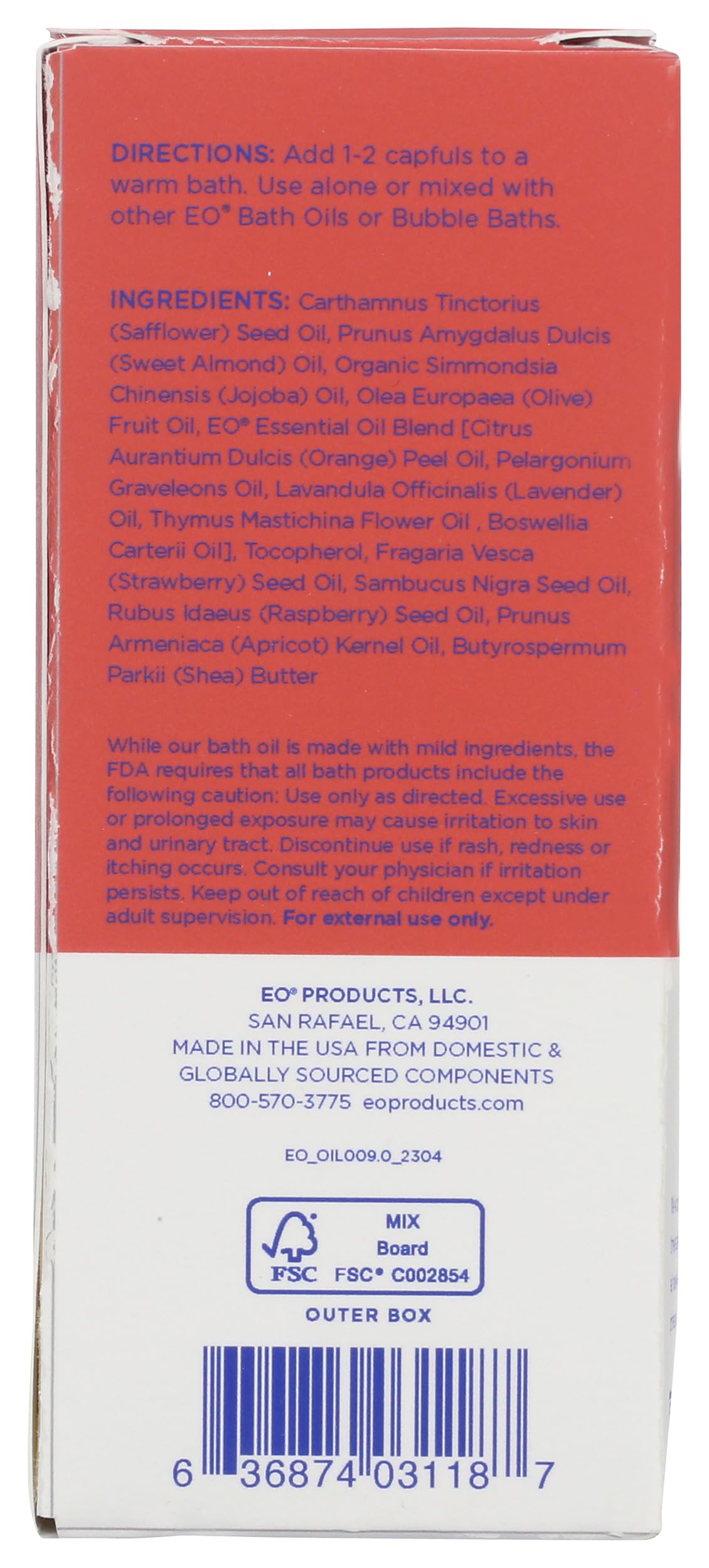 EO aromatherapy bath oil bottle highlighting the balancing rose geranium and sweet orange scent ingredients.