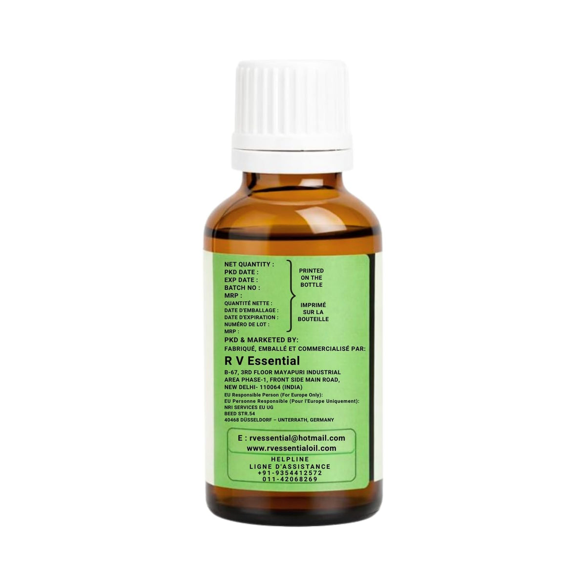 R V Essential botanical mehendi oil side view details displaying professional beauty usage