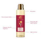 Close up look of the water soluble Ayurvedic shower oil bottle showing natural essential oil details.