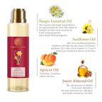 Back label view of the 130 ml Nargis body oil displaying usage instructions and natural ingredient details.