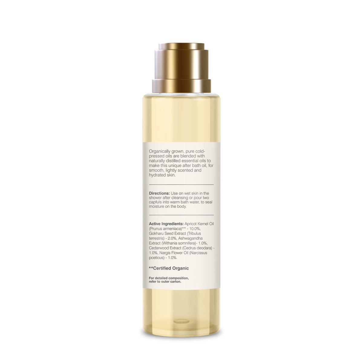 Forest Essentials Nargis bath oil bottle placed gracefully on a clean surface showcasing the elegant packaging design.