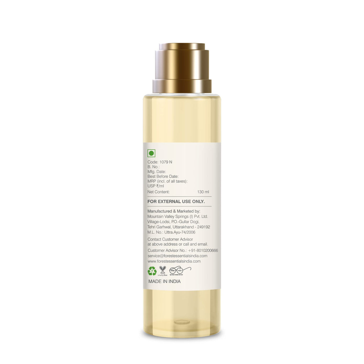 Angled view of the premium 130 ml Ayurvedic emollient showing the gold cap and clear liquid consistency.
