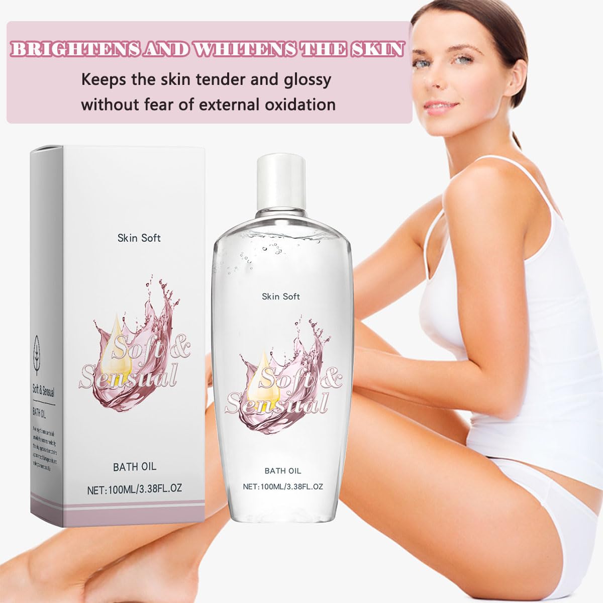 Two bottles of imported moisturizing body oil placed side by side highlighting the liquid texture.