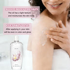 Back label of the skin smoothing bath oil detailing instructions for shower and bathtub usage.