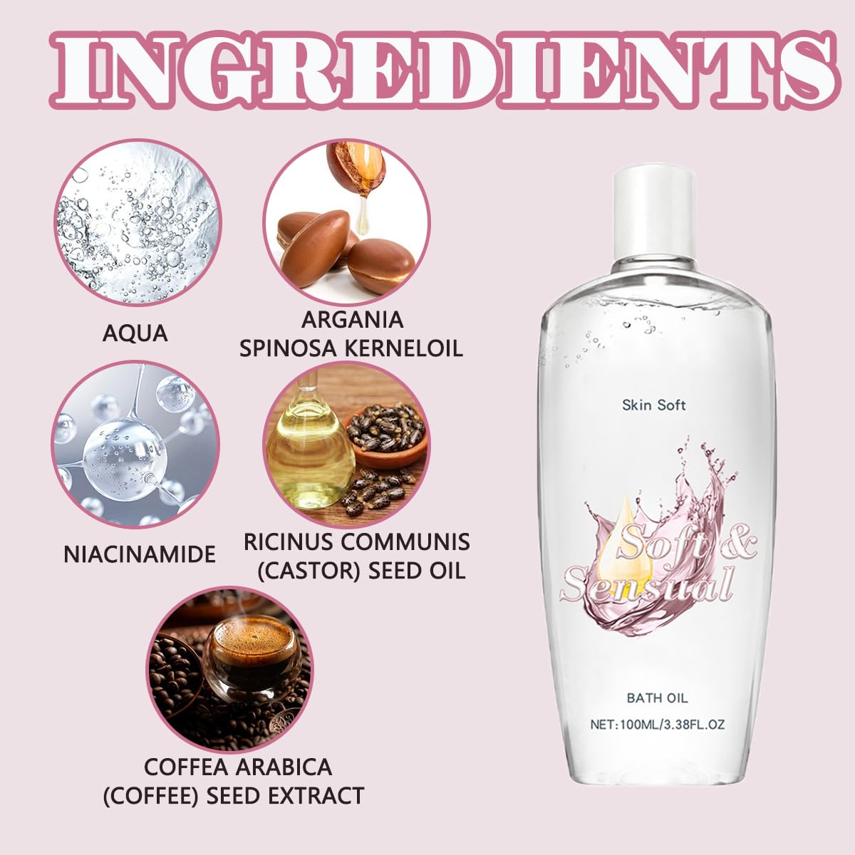 Close up view of the botanical ingredient highlights on the authentic USA imported skin oil bottle.