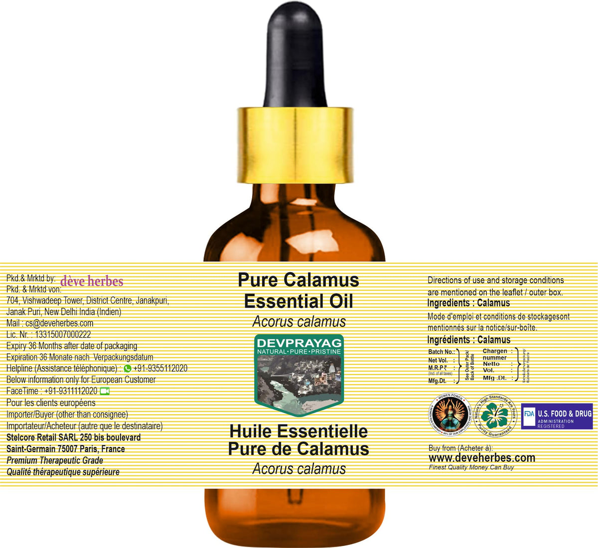 Lightweight non greasy calamus essential oil packaging showing extraction details