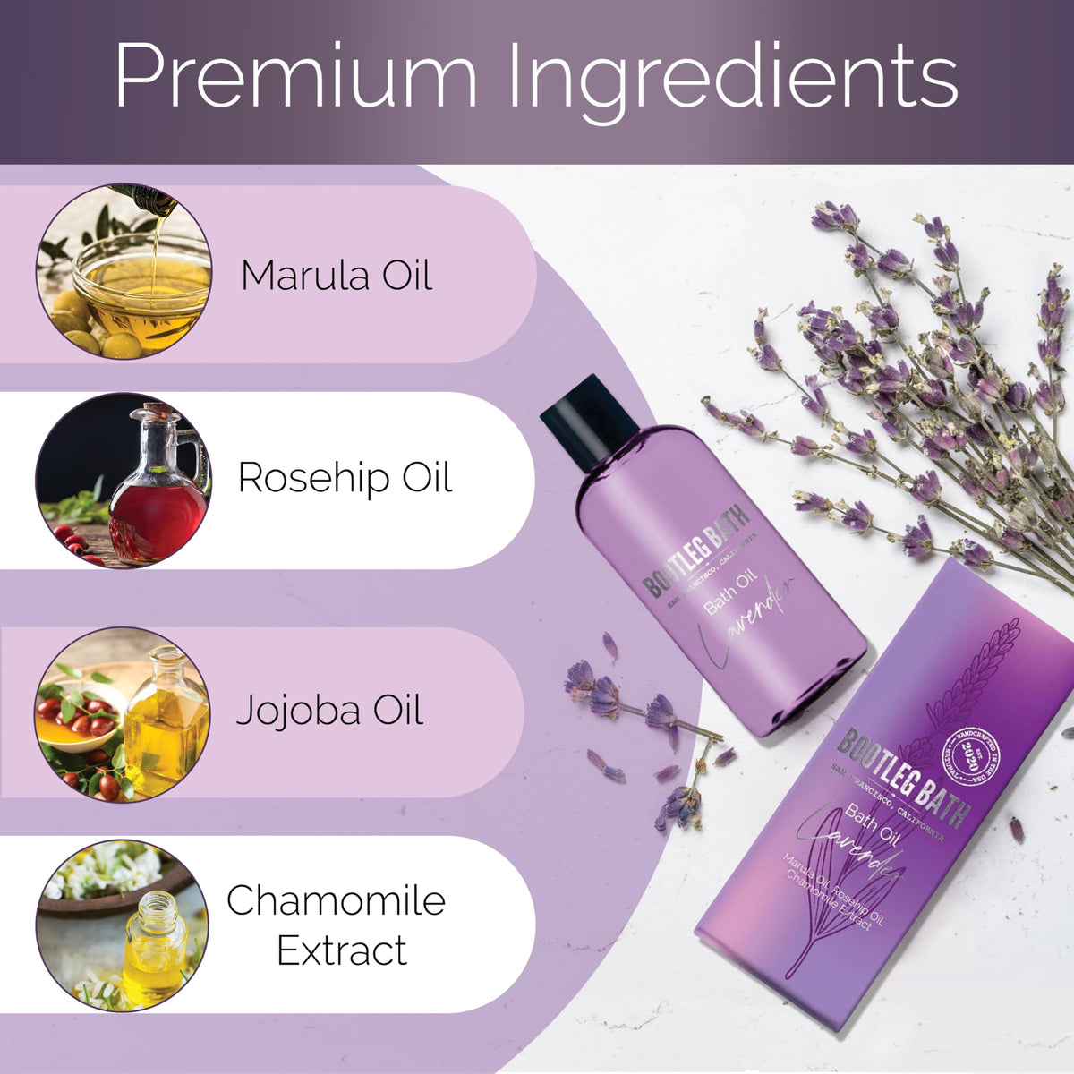 Bootleg Bath 4oz lavender soaking oil showcasing ingredient labels like marula and rosehip