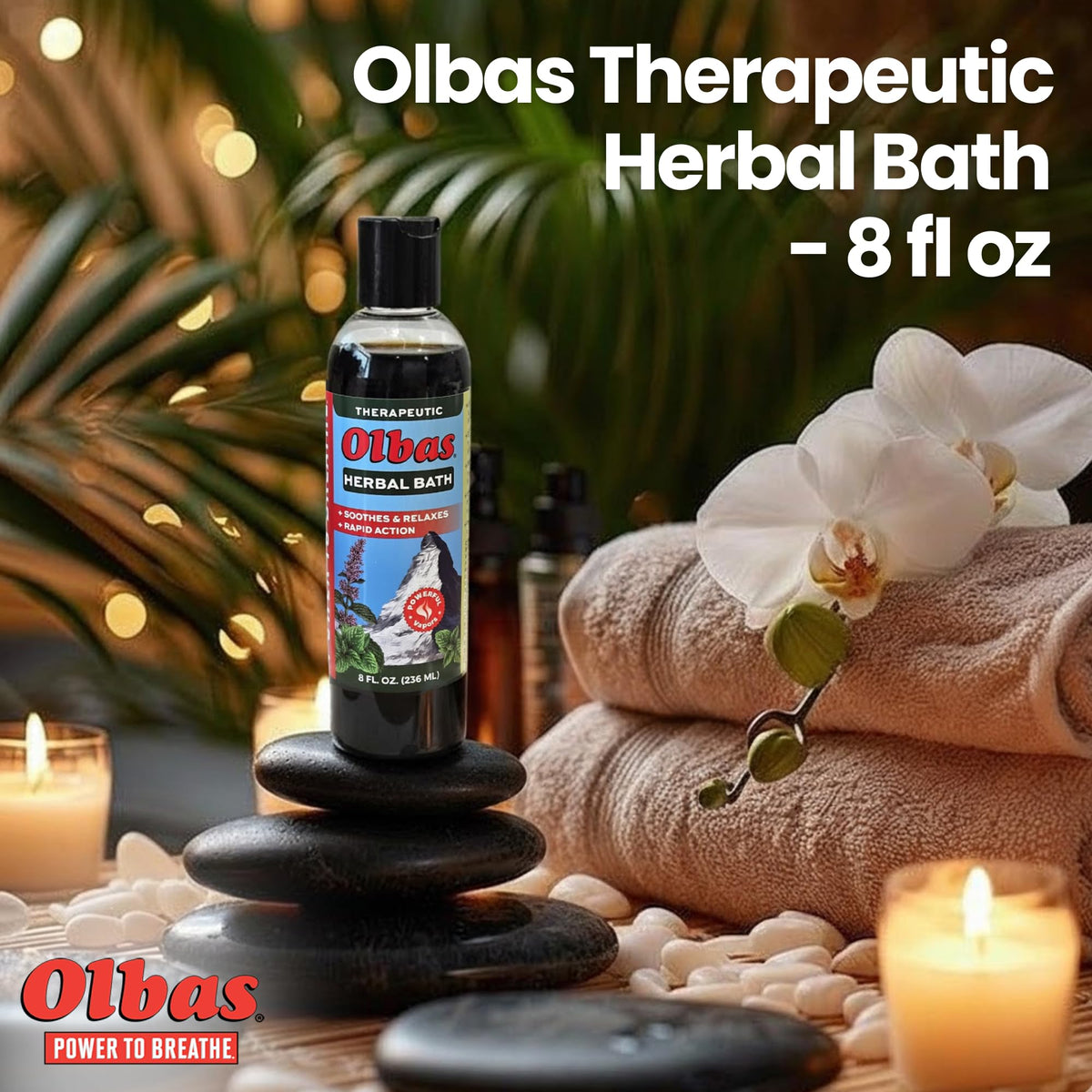Back label view of Olbas natural muscle relaxer bath showing ingredients like peppermint and eucalyptus oils.