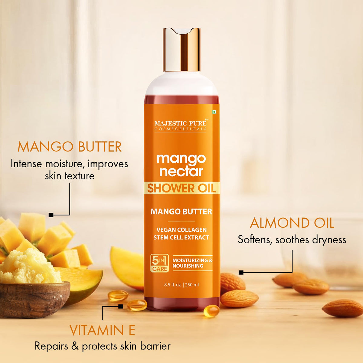 Imported Majestic Pure cleansing body oil bottle showing ingredients.