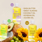 Autumn Shower Lavender and Coconut shower oil bottles displayed as a luxurious wellness gift set