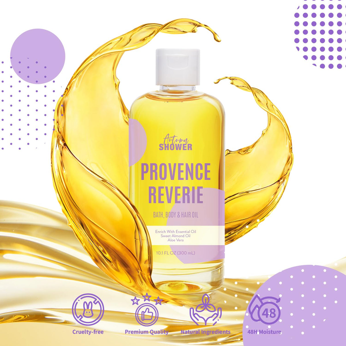 Authentic Autumn Shower imported bath oils packaging details showing natural ingredients and size
