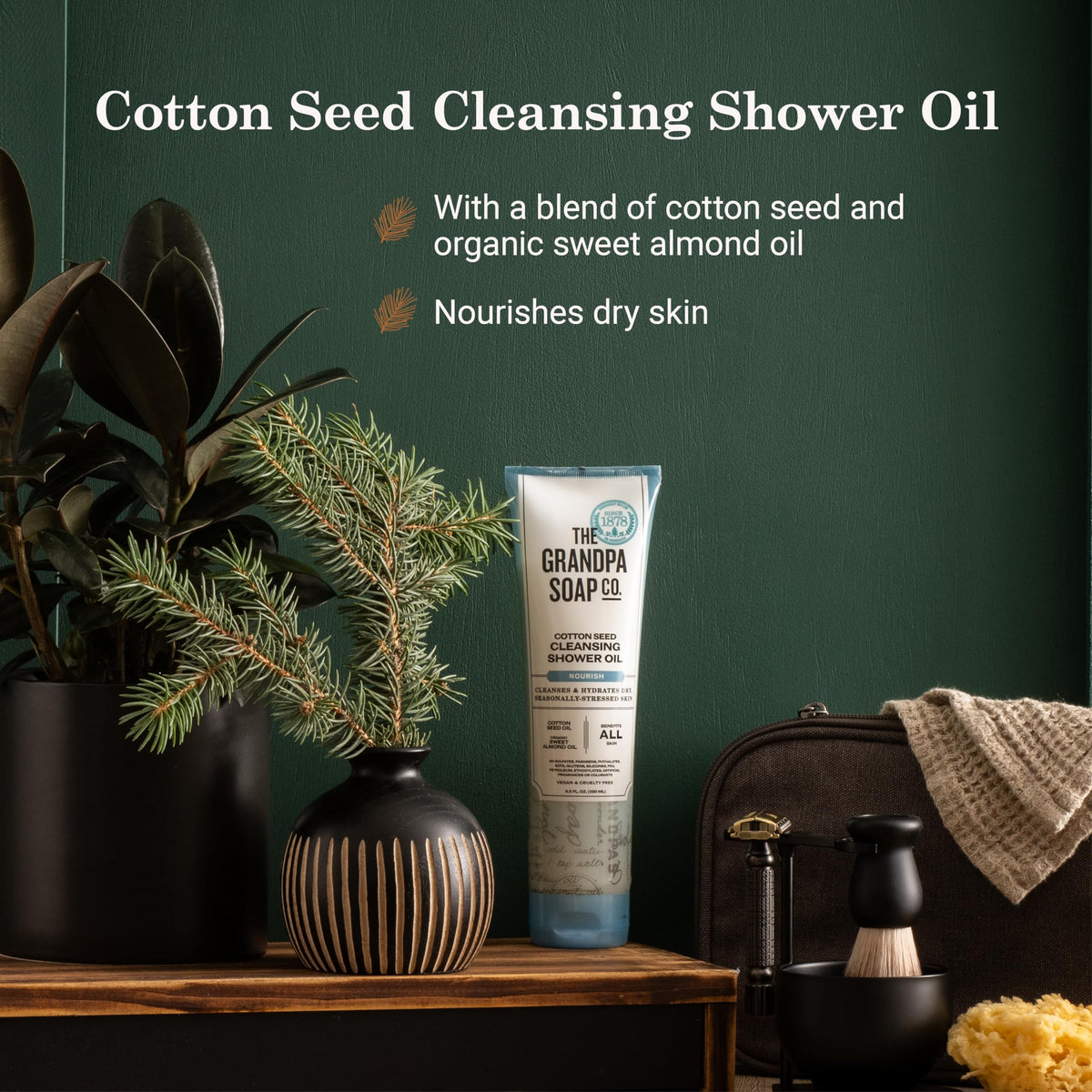 Nourishing vegan shower oil for sensitive skin by The Grandpa Soap Company