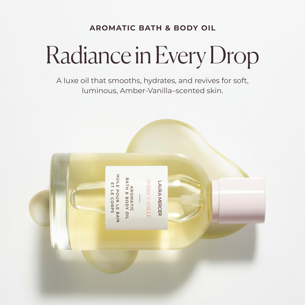 Laura Mercier forty eight hour hydration aromatic body oil placed on a premium vanity surface
