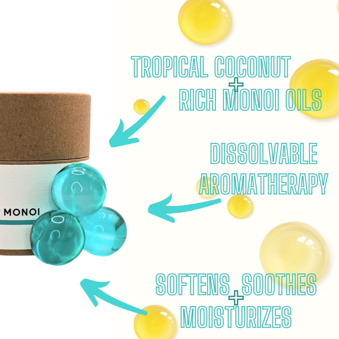 Avivni Coconut Monoi bath pearls dissolving gently in warm bathwater for skin hydration.