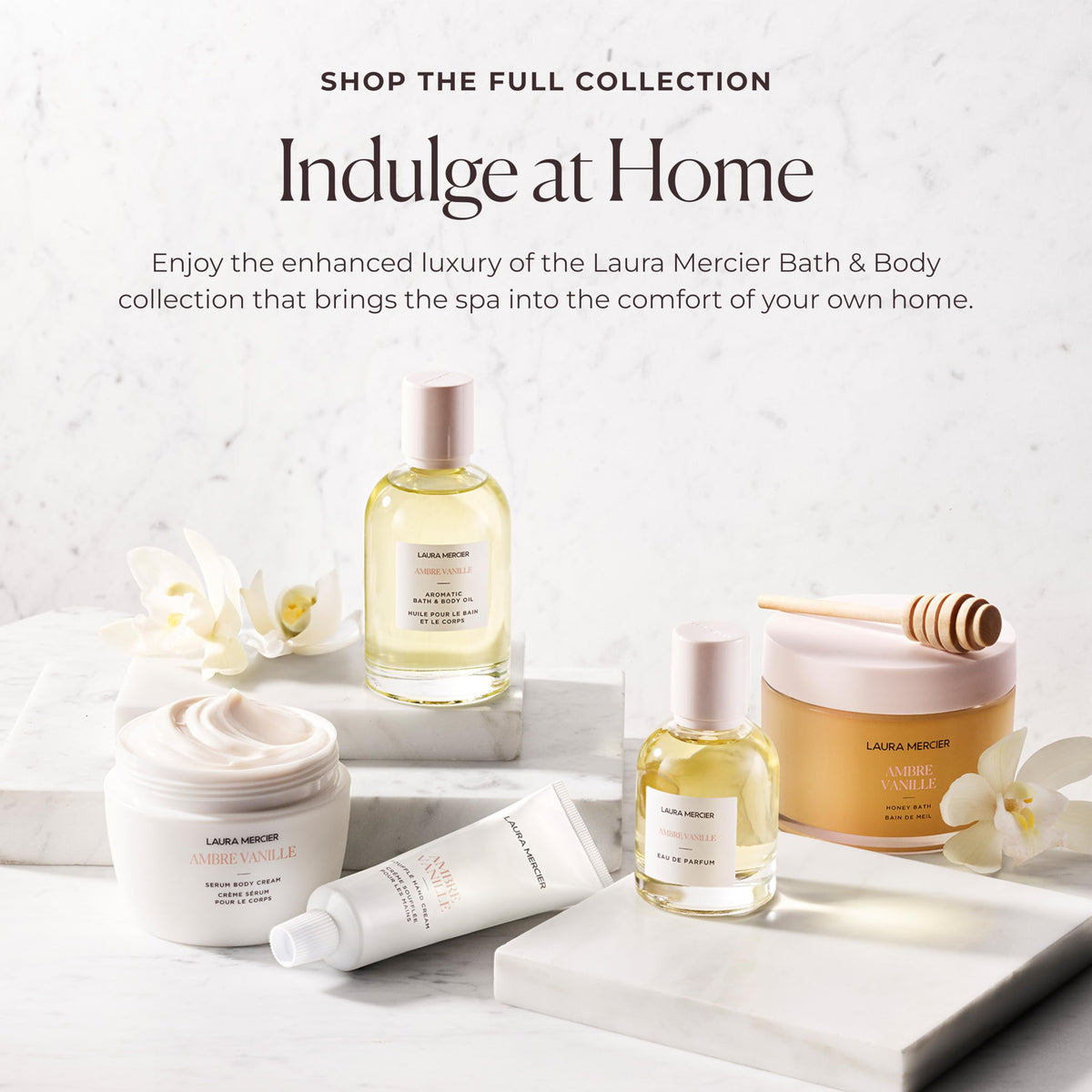 Premium packaging of Laura Mercier Ambre Vanille hydrating body oil highlighting product labels